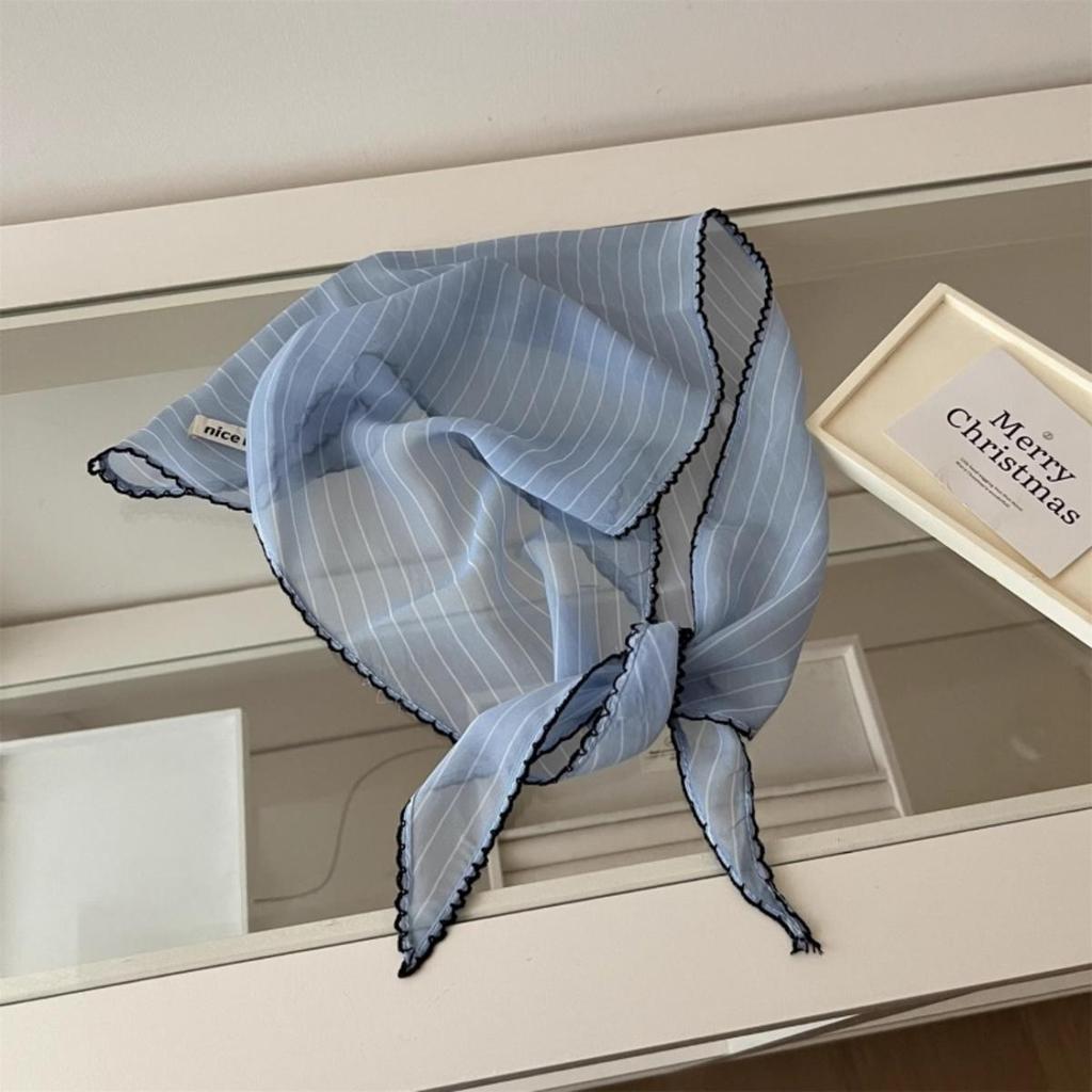 Summer  Polka Dot Striped Triangular Scarf for Women Fashionable Smple Thin Neck Scarf Tied Hair Scarves Decoration