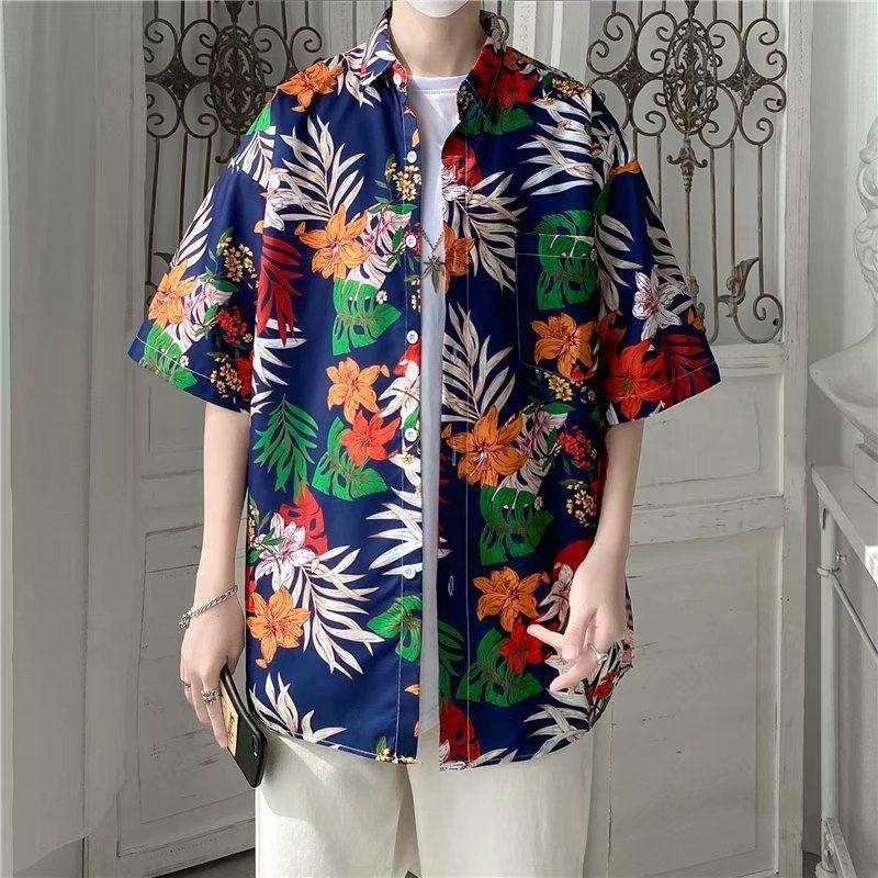 Men's Harajuku-Style Retro Floral Short-Sleeve Shirt: Hong Kong Ulzzang Beachwear with Sun Protection, Perfect for Couples.