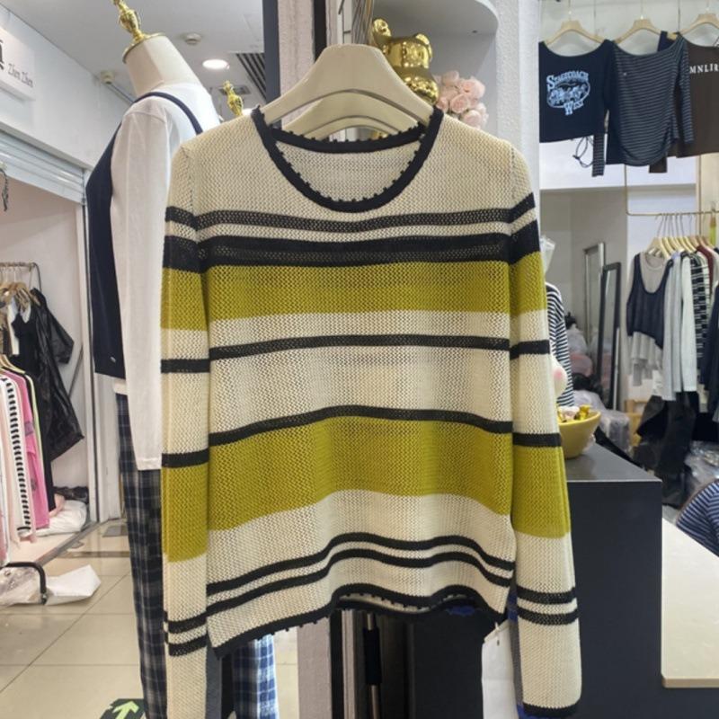 Contrasting Stripes Hollow Long Sleeve Knitted Sweater Women's Autumn and Winter New Fashion Age Reduction Women's Bottom Sweater