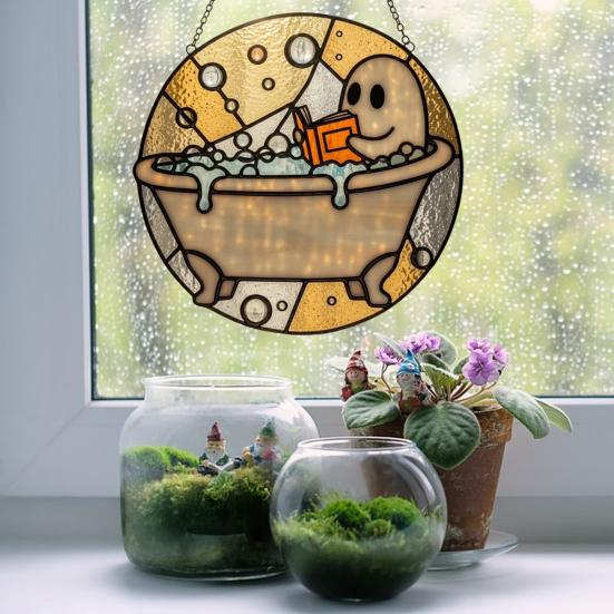 Ozdoby Duch čtenář při koupeli Roztomilý duch ve vaně čtoucí knihu Akrylový lapač slunce Halloweenská koupelna Okenní závěsná dekorace