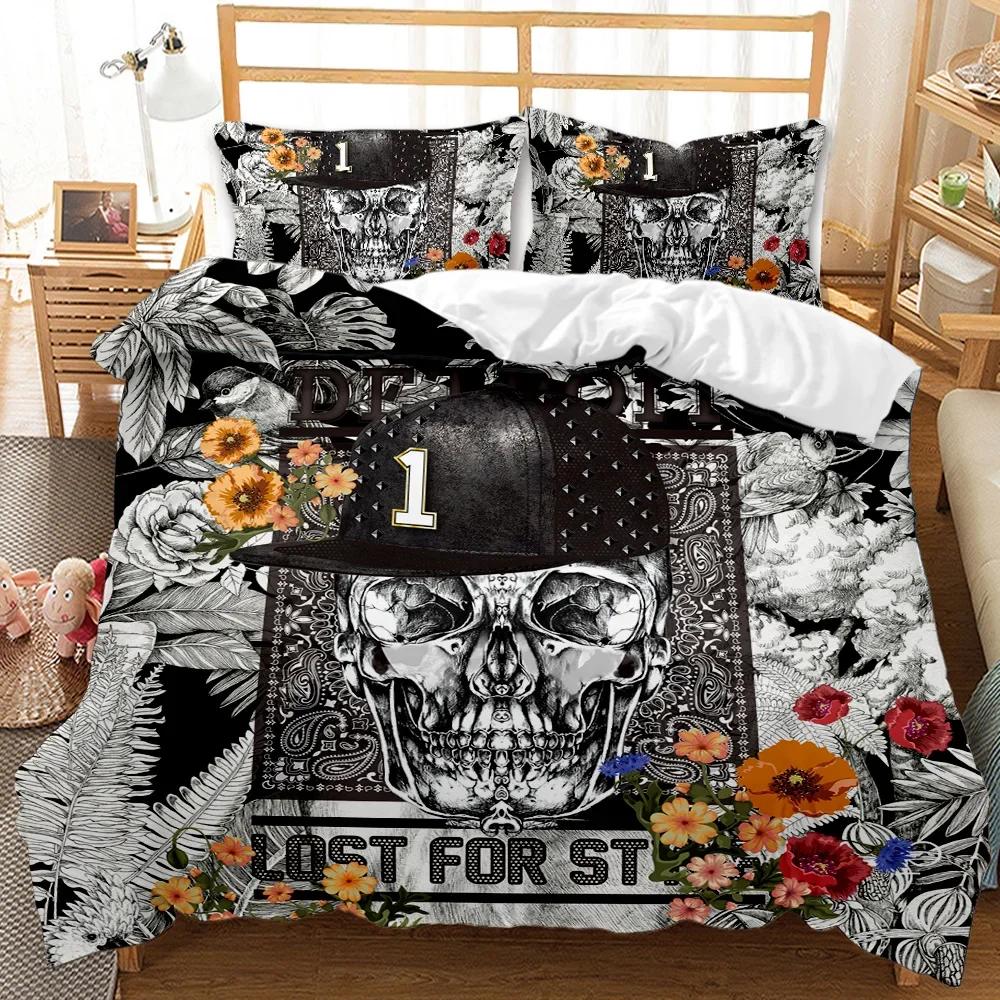 Totenkopf Bettbezug 3D Skelett Floral Totenkopf Muster Bedruckte Bettwäsche Bettbezug, Leichte Mikrofaser Gothic Bettwäsche Queen Size