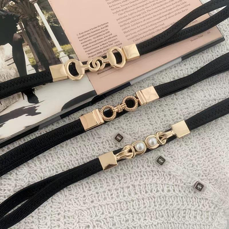Women's Thin Black Waist Belt with Pearl Buckle 