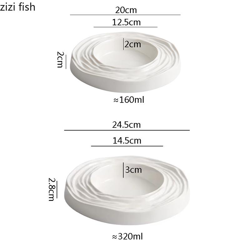 Pure White Ceramic Water Wave Pattern Thick Soup Plate Dessert Plate Sushi Dish Restaurant Molecular Cuisine Specialty Tableware