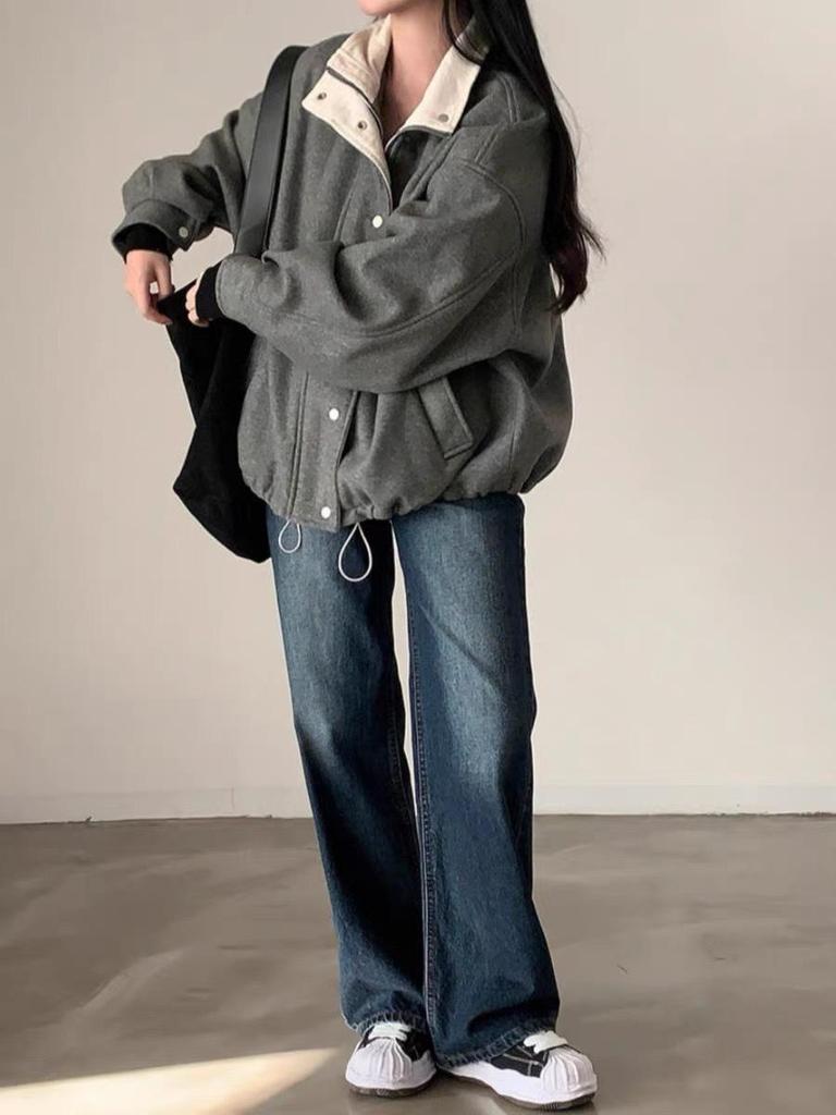 Schicker Französischer Retro Grauer Wollmantel mit Revers für Damen - Winter 2024