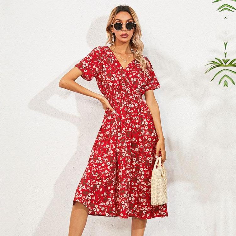 Women Summer Fall Casual Floral Print V-neck Short Sleeve High Waist Slim A-Line Long Dress S-XL