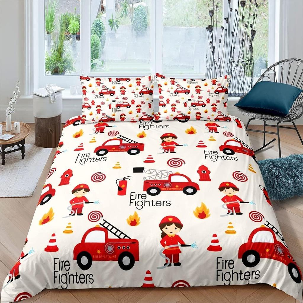 Boys Fire Truck Bedding Set Kids Red Fire Engine Pattern Comforter Cover for Children Teens Car Vehicle Print Duvet Cover 2pcs