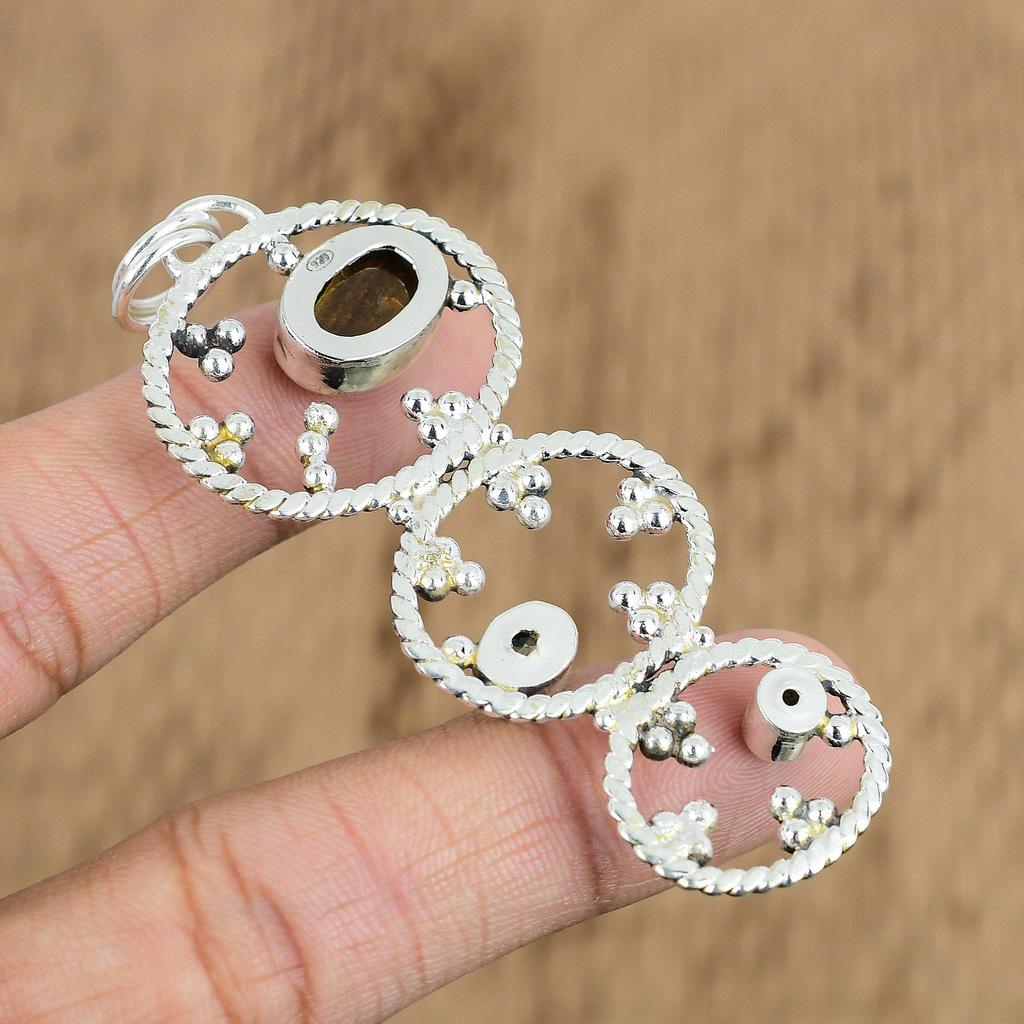 925 Sterling Silver Oval Natural Tiger's Eye Swiss Blue Topaz Pendant Jewelry