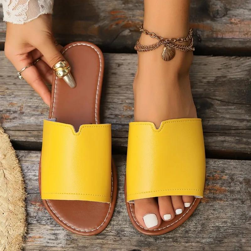 Cool Slippers Women's 2025 Summer New Fashionable Outerwear Flat Casual Slippers Solid Color Open Toe Oversized Slippers