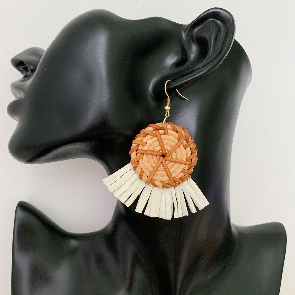 Korean Resort Style Handmade Rattan Raffia Straw Dangle Earrings with Ear Clips