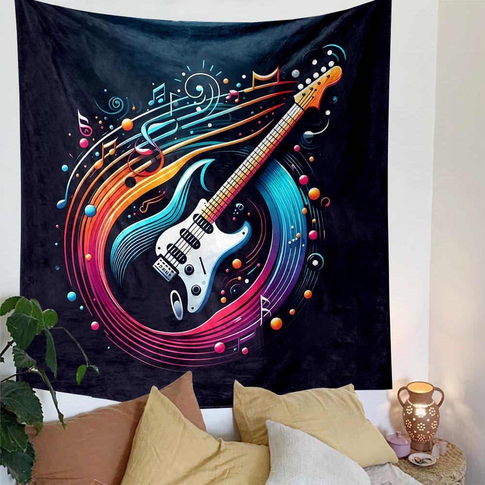 Electric Guitar with Colorful Music Notes Patterned Tapestry Decorative Wall Hanging, Home Bedroom Living Room Decor