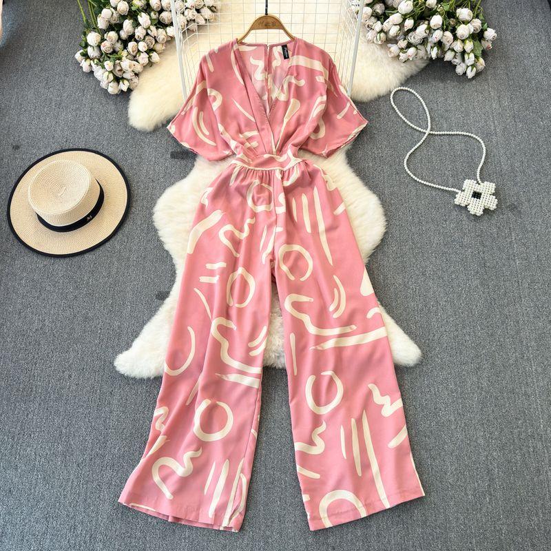 

Socialite Elegant V-neck Casual High Waist Print Short Sleeve Pink All yards