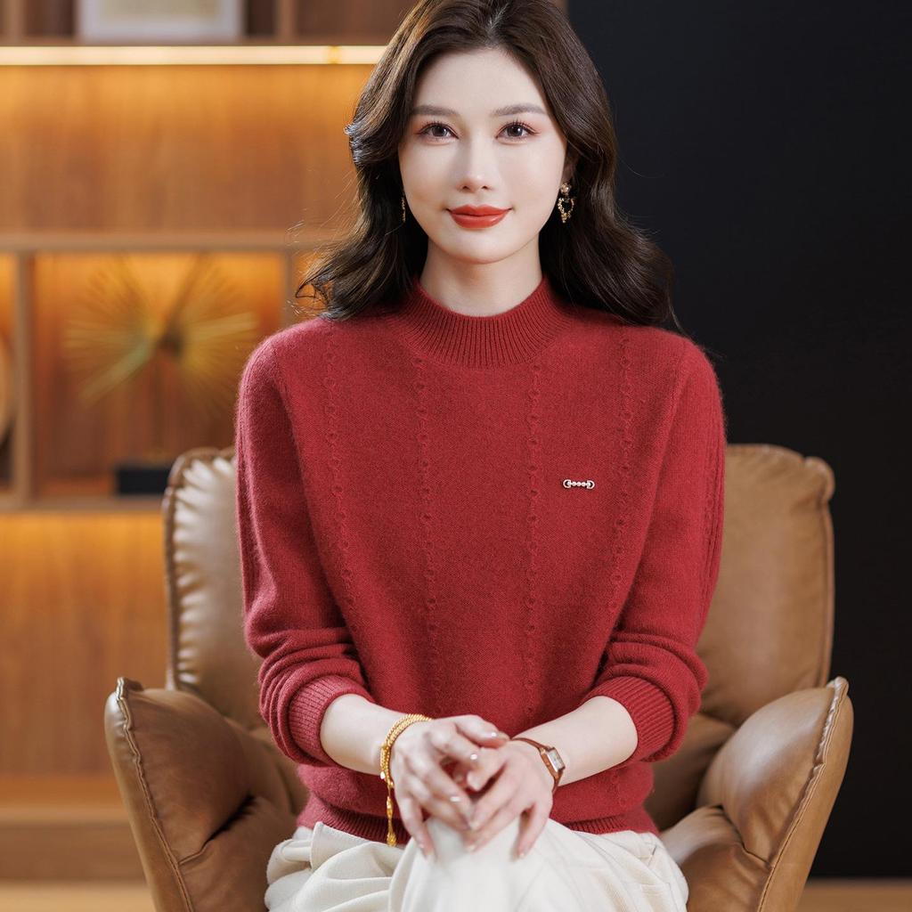 Maternity 100% Pure Wool Autumn/Winter Sweater for Women, Half-High Neck, Thickened Plain Color Base Layer for Middle-Aged & Elderly.