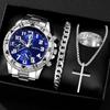Men's Large Dial Blu-ray Glass Watch, High-end Men's Business Watch + Jewelry 4-piece Set