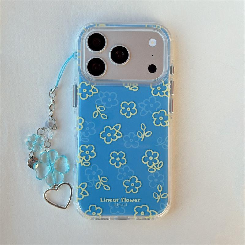Kawaii Blue Yellow Line Floral Clear Phone Case With Matching Wrist Strap For iPhone 14 15 16 17 Pro Max INS Cute Shockproof Cov