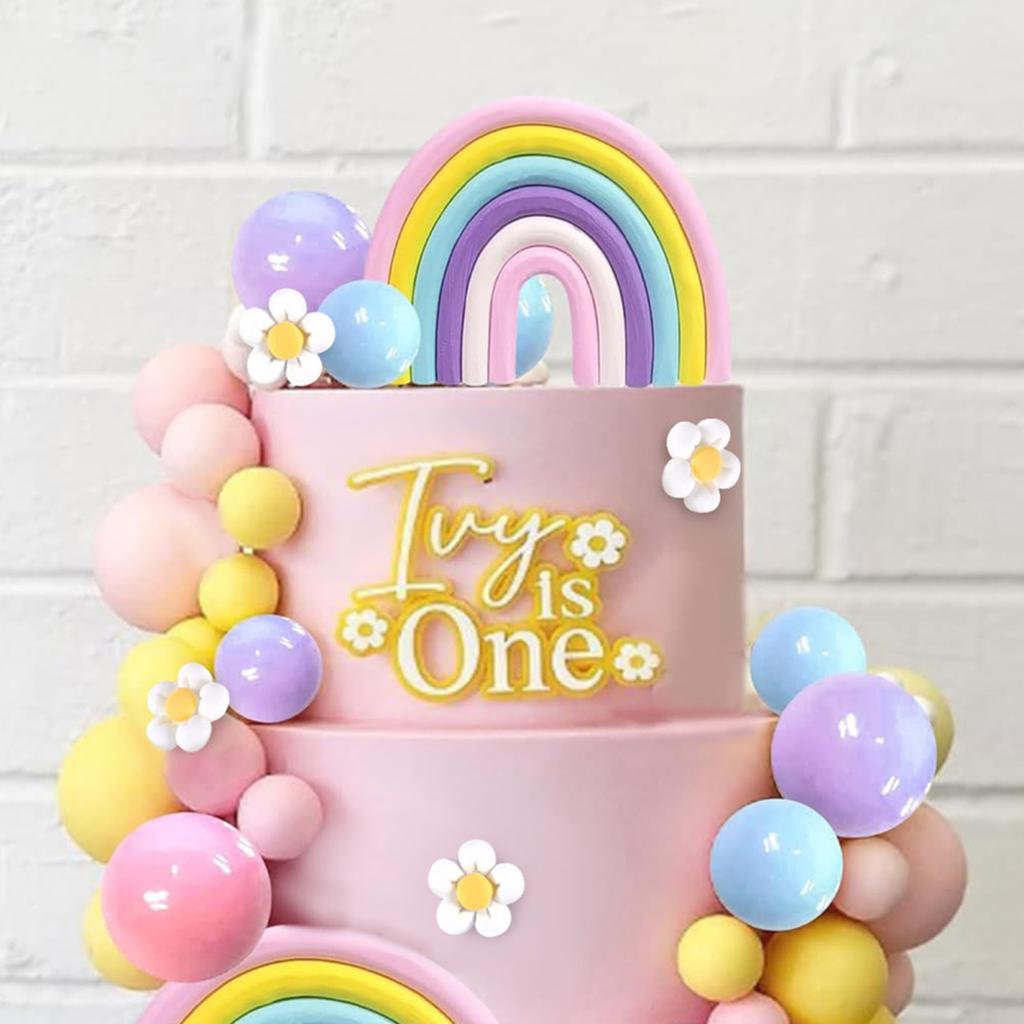 35 Pcs Cake Toppers Pastel Cake Topper with Flower Rainbow Balls Groovy Party Decorations for Birthday Wedding Party Supplies