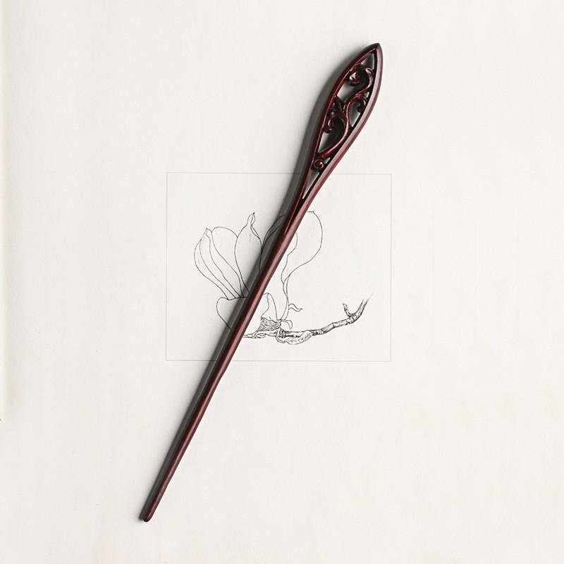 Red Sandalwood Women's Retro Hanfu Hairpins: Hollow Carved Moon Rabbit Wooden Ornaments
