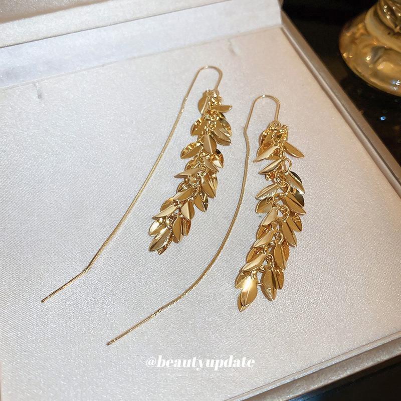 Real gold electroplated leaves fringed ear hooks earphones integrated Korean fashion temperament long earrings temperament earrings wholesale