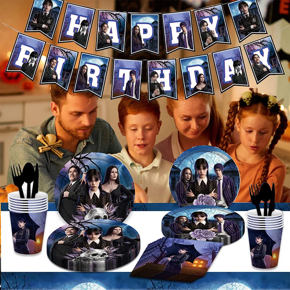 82 Pcs Wednesday Addams Party Decor Theme Party Tableware Set for Children