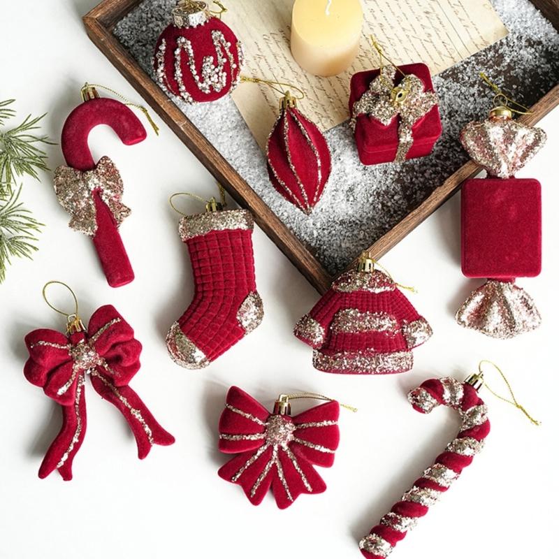 Wine Red Christmas Decorations with Soft-Looking Textured Finish, Gold Trim, and Hanging String for Holiday Tree and Porches