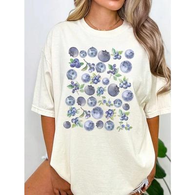 Frische Blaubeeren Früchte Druck T-Shirt Damen Sommer Baumwolle Sportbekleidung Rundhals Freizeit T-Shirts Locker Kurzarm