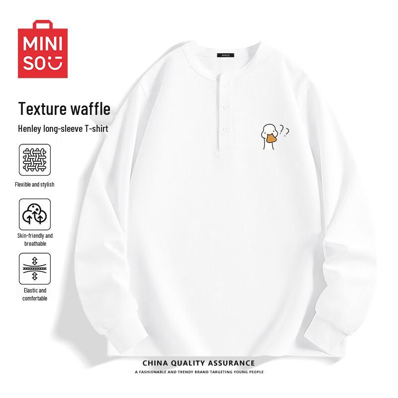 MINISO Men's Waffle Knit Henley Long Sleeve T-Shirt
