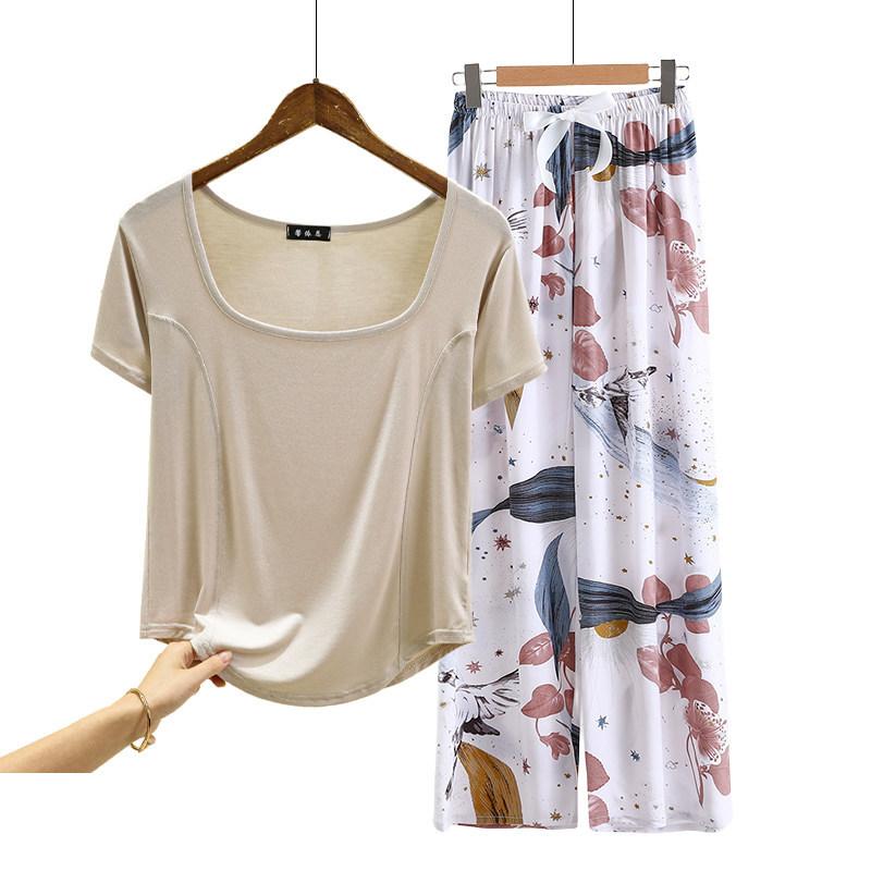 Fashion U Nek Tshirt and Floral Wide leg pants Summer fashion homewear 2pcs suit Loose Casual pajamas set comfort loungewear plus size