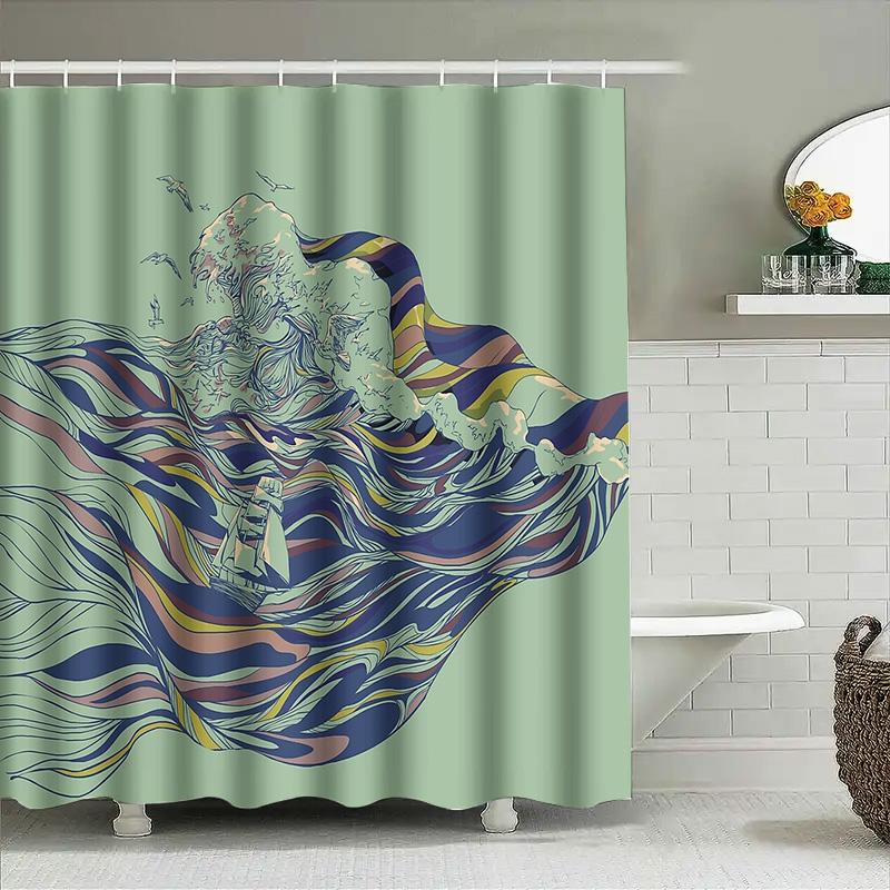 Japanese Wave Art Shower Curtain Ocean Beach Coastal Bathroom Decor Sea Liner Backdrop Japanese Style Home Textile