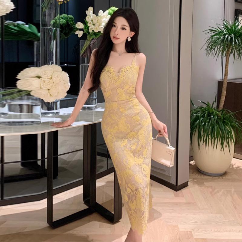 Women's National Style Temperament Lace Crochet High Waist Slit Dress