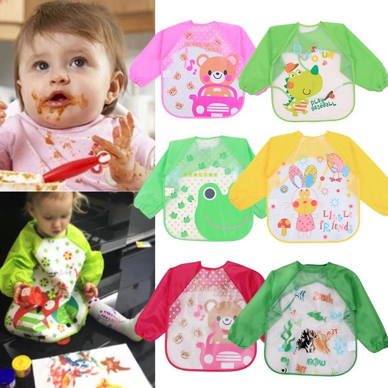 Cute Waterproof Cartoon Baby Feeding Apron With Long Sleeves For Toddler Weaning