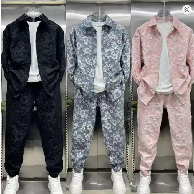 Men Relief Jacquard Shirt Jacket Two-piece Pants Set Trendy Brand High-end Casual Sports Suit