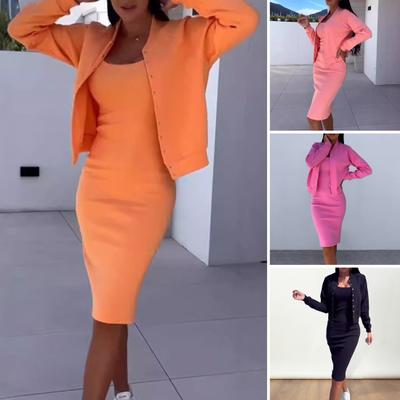2 Pcs/Set Women Coat Dress Set Single-breasted Round Neck Long Sleeves Jacket Skinny Slip Dress Autumn Midi Dress Jacket Set OL Commuting Clothes