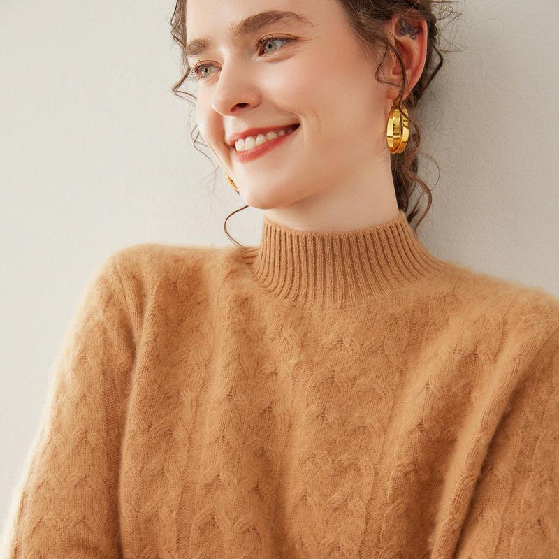 Women's Cable Knit Cashmere Half-High Neck Pullover Sweater