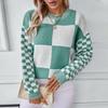 Vintage O Neck Long Sleeve Loose Knitwear Cardigan Sweater Top for Autumn Winter Grid Pattern