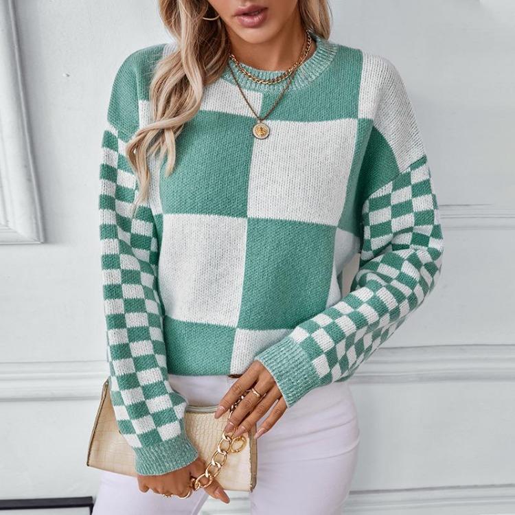 Vintage O Neck Long Sleeve Loose Knitwear Cardigan Sweater Top for Autumn Winter Grid Pattern