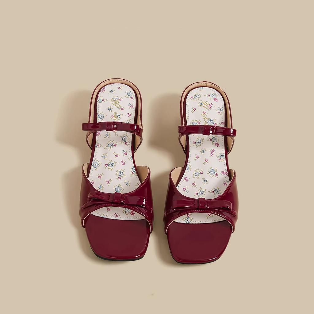 4.5Cm Inner Height Increase Square Head Wedge Heel Sheepskin Bow Slippers Women's Sandals Summer New