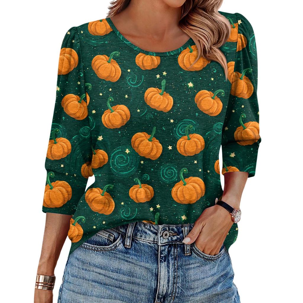 Women's Fashionable Casual Round Neck Seven Quarter Sleeve Halloween Printed Bubble Sleeve Top