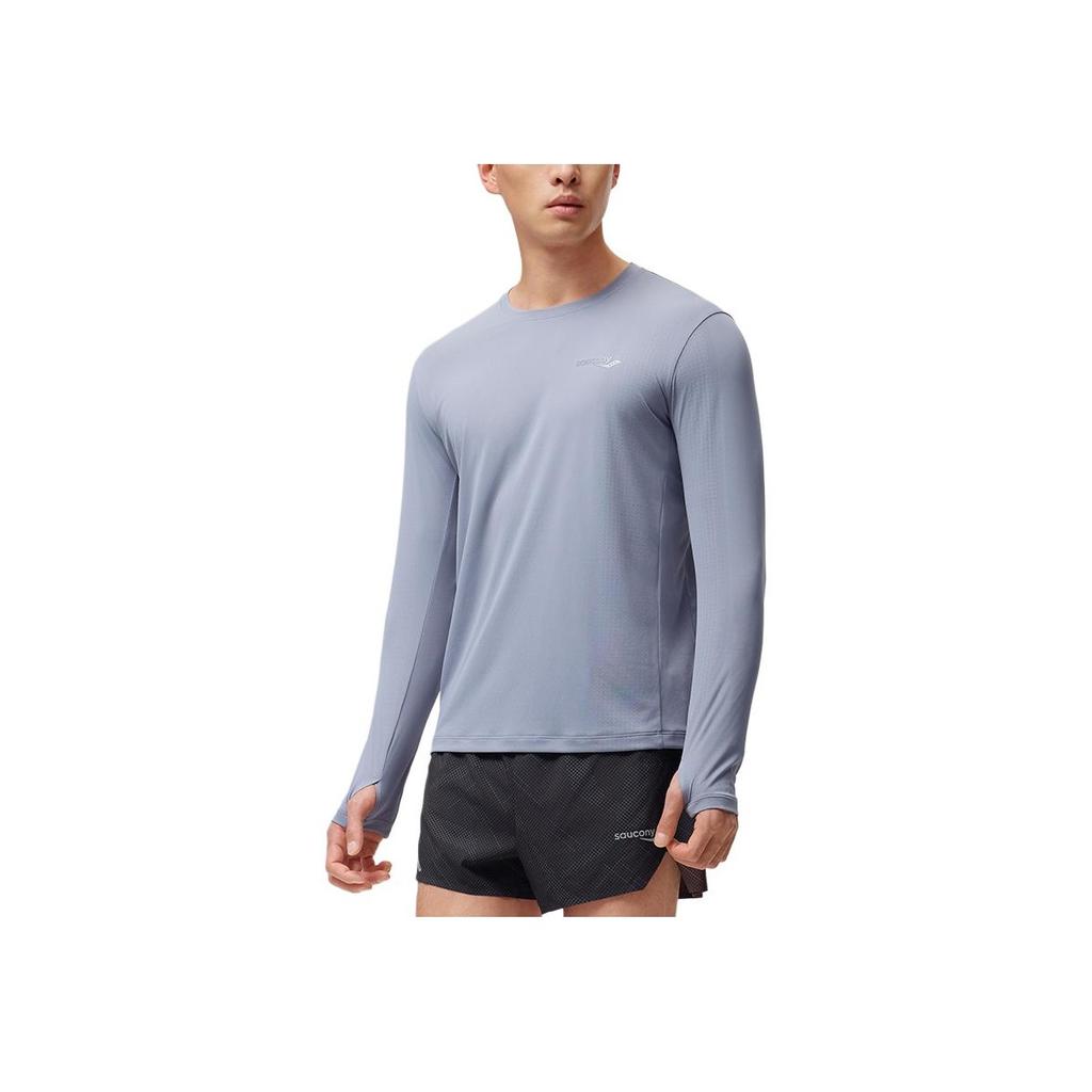 Saucony Logo Moisture-Wicking Quick-Dry Breathable Knitted Long Sleeve T-Shirt Men tops Light-Mist-Gray SC2249047B-GR61