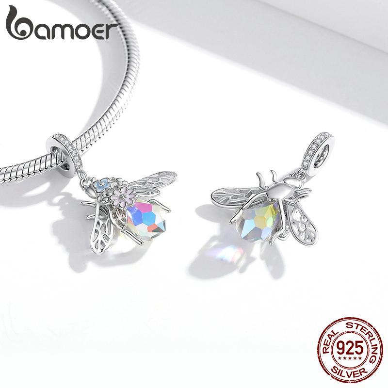 Bamoer 925 Silver Rainbow Unicorn Bead Crystal Heart Cat bee Butterfly Dolphin Charms Fit Bracelet DIY Necklace Jewelry
