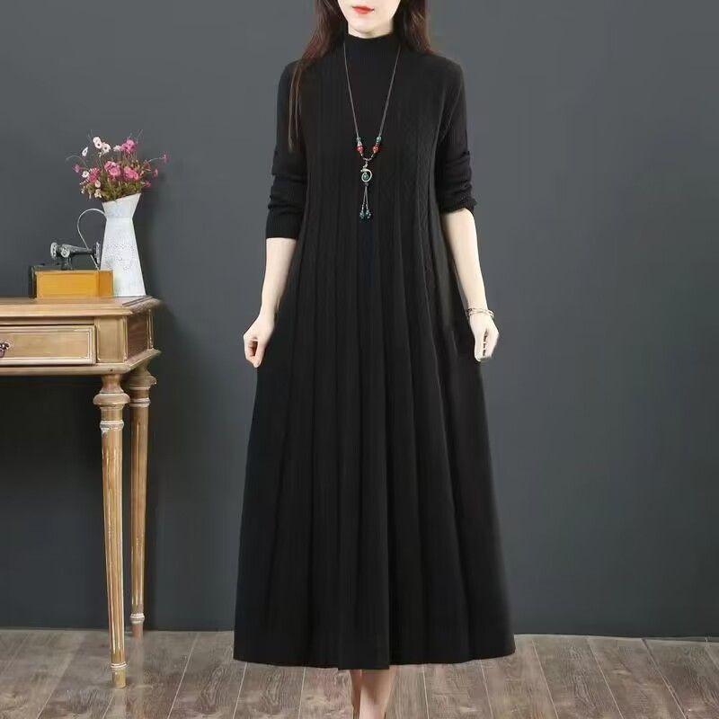 Abito Maglia Midi da Donna Collo Semi-Alto Manica Lunga Abito Maglione Dritto Indumento Interno Invernale Capo Esterno Taglie Forti