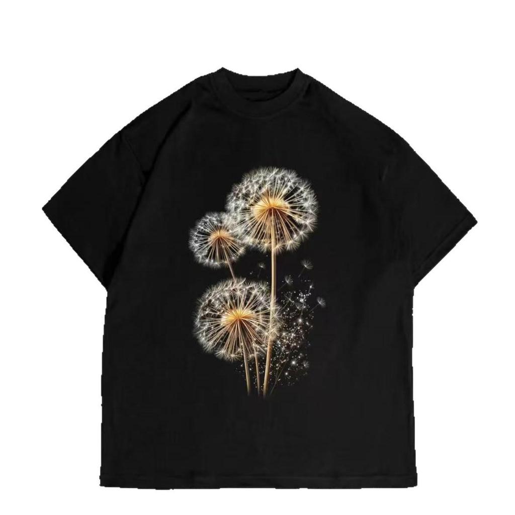 Retro Dandelion Print Loose Short Sleeve Top for Women - European & American Summer Style