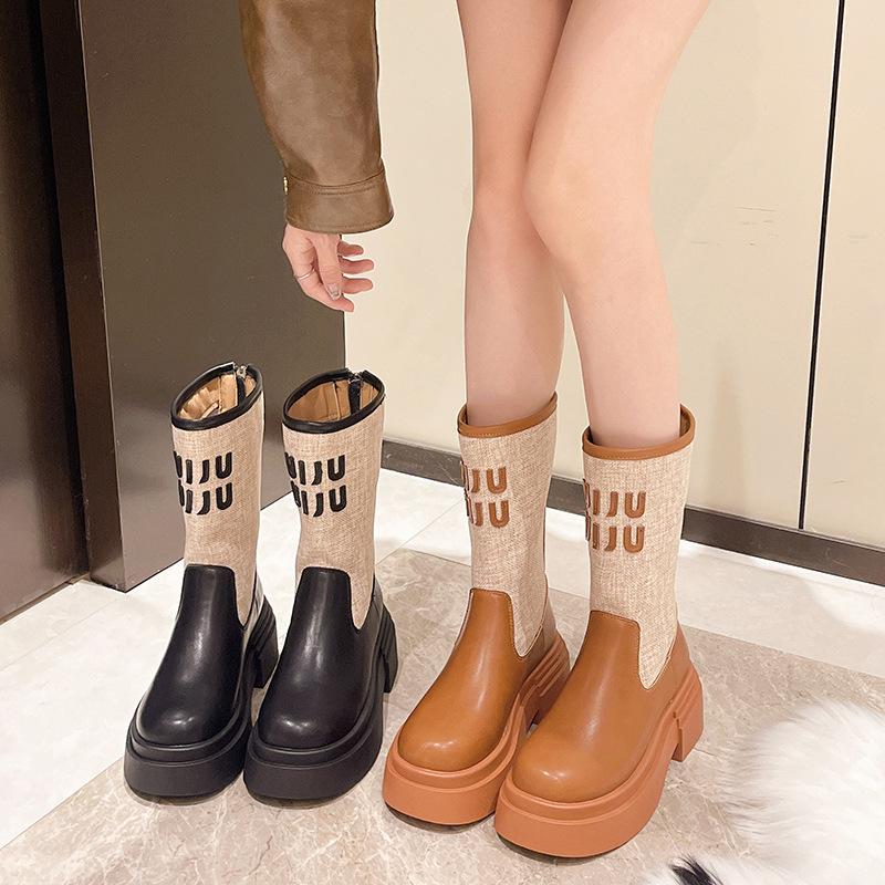 Thick-soled letter boots women's 2024 new western cowboy vacation style heightened and thin medium tube knight boots Martin boots