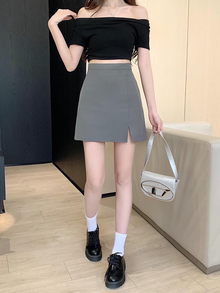 Syvent Short Wool 6 12F024 Women's Skirt, High-Waisted, One-Step, All-Match A-Line Skirt, Gray, Colors,