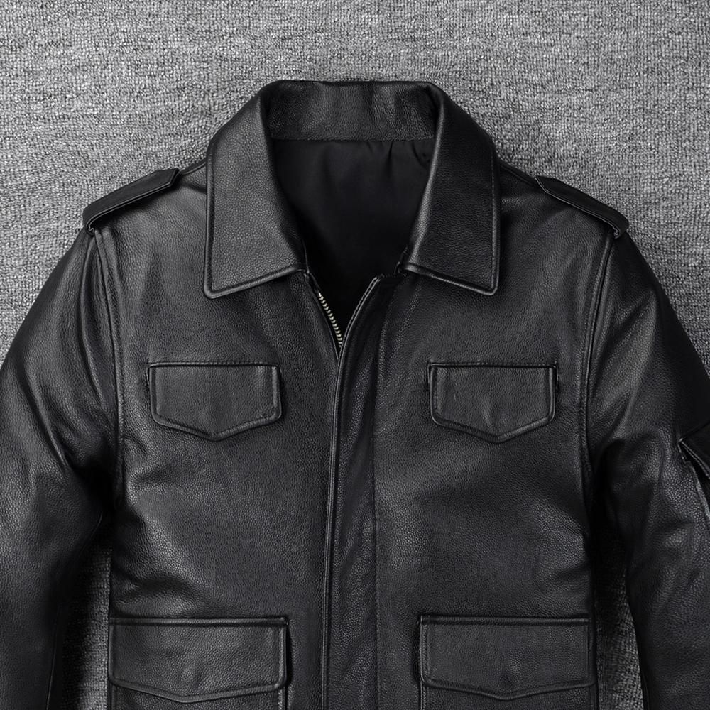 Hunting Leather Jacket Men Vintage Red Brown Black Genuine Cow Men'sLeather Jacket Pockets Real Skin Coat Autumn