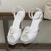 Pesstwei New Summer Fashion Peep Toe Sandals Women Buckle Strap Mesh Satin Pearl Square Heels Party Shoes Zapatos De Mujer