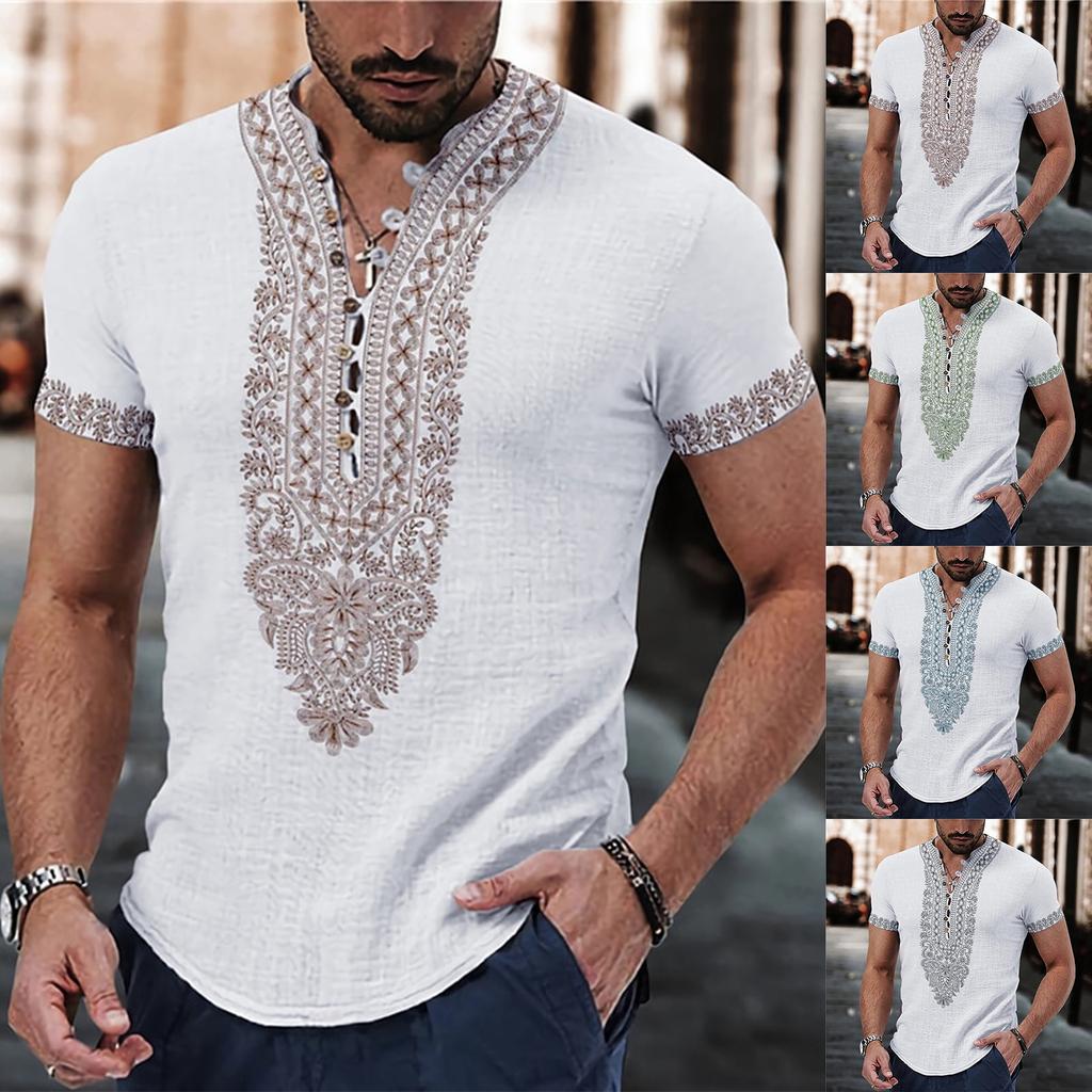 Herrenhemd mit Blumengrafik-Drucken, Stehkragen, Outdoor, Straße, kurzärmelig, Druck, Kleidung, Bekleidung, Mode, Streetwear, lässig