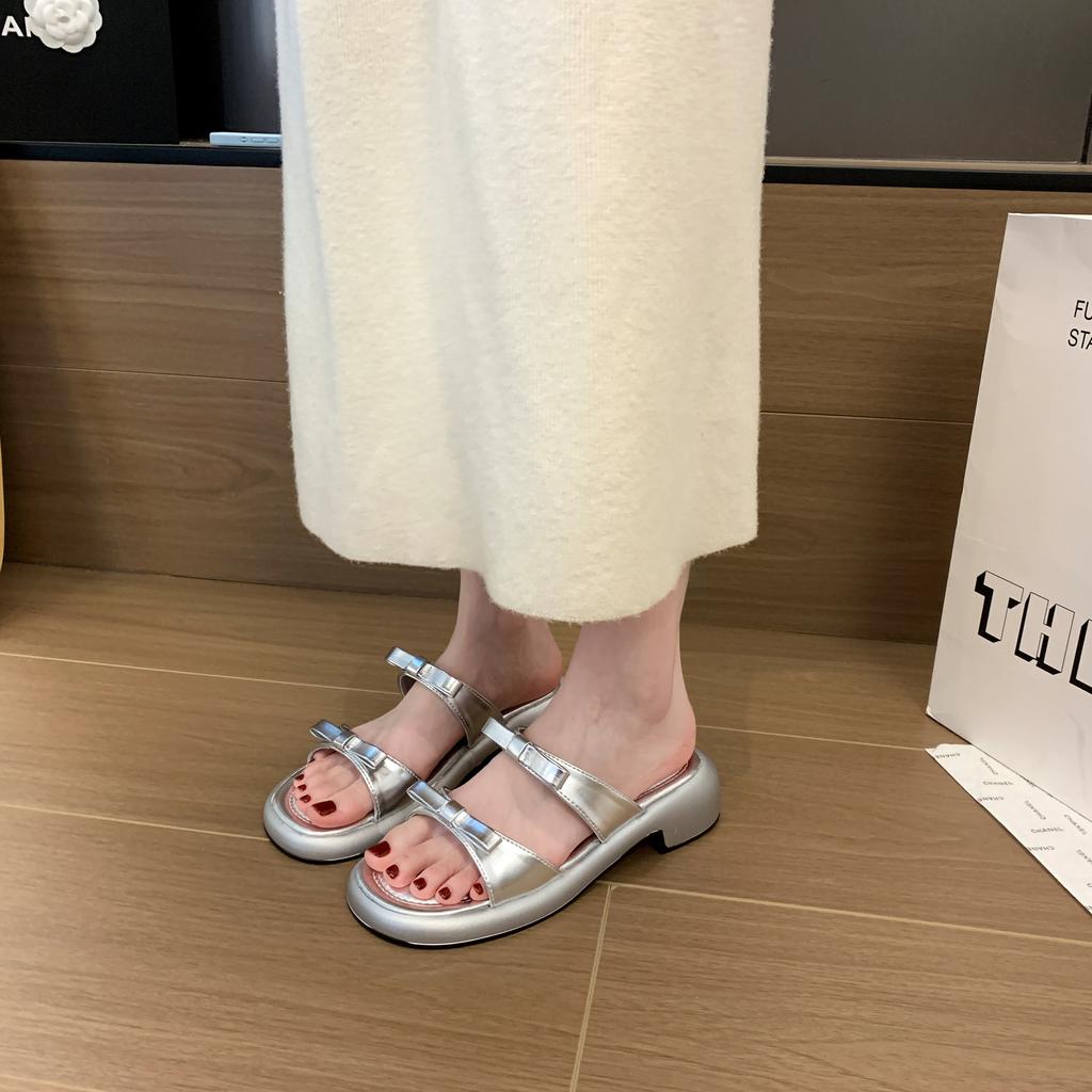 Fashion Aphixta Fashion Straps Summer Beach Shoes 4.5cm Square Heels Slippers Women Sweet Bow Mulers Outside Summer Sandals Shoe Slides