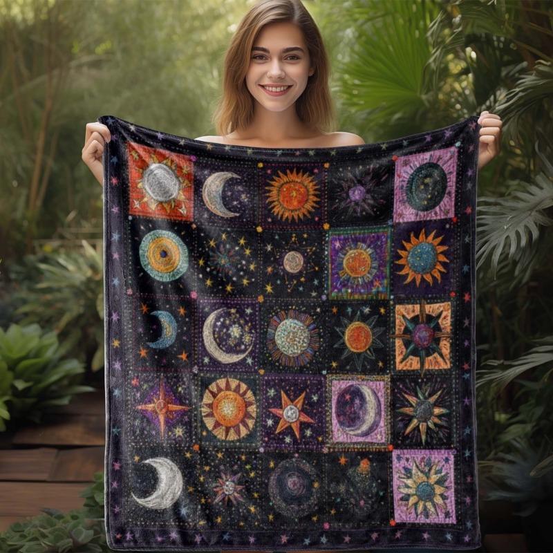 Comfortable Retro Celestial Moon Star Flannel Blanket Soft Suitable for Sofas Beds Offices Travel Machine All Season Comfortable