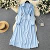 Aibeautyer nuevo Vintage Primavera Verano sólido ajustado botón vestido completo de señora una línea cuello vuelto gasa pulóver vestidos de mujer