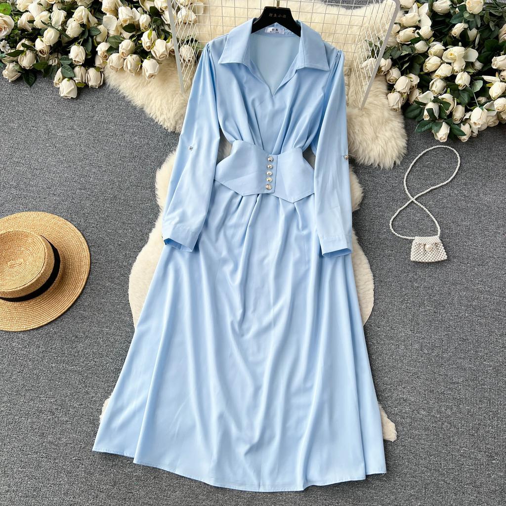 Aibeautyer nuevo Vintage Primavera Verano sólido ajustado botón vestido completo de señora una línea cuello vuelto gasa pulóver vestidos de mujer