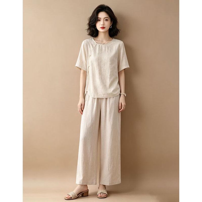 EST+II Women's Round Neck Short Sleeve Top & Wide-Leg Pants Set